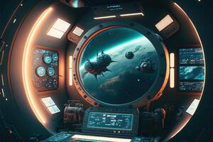 Futuristic navigation system, AR space, floating in the space, flat design, information graphic. Sci-fi space exploration concept. Inside view of the sci-fi cabin of the pilot . photo