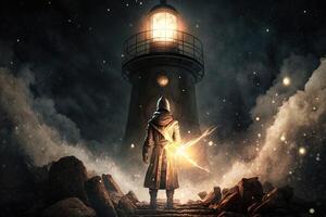 Metal Bronze lighthouse, small hooded figure with lantern at the base, a bright white large glowing ball of electric light at top of light house. technology photo