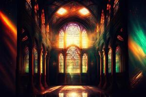 Palace interior with high stained-glass windows made of multicolored glass, an old majestic hall, sun rays through the windows. Dark fantasy interior. photo