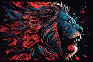 Poster of Lion roaring, Abstract poster of a dangerous and powerful roaring male lion. . Creative fire flames art paint coming from the mad king of the jungle. photo