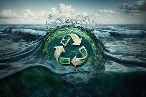 Recycle symbol in the ocean. Green energy concept, no more trash and plastic in sea. Save the ocean from garbage. Protecting the oceans and seas. Eco power photo