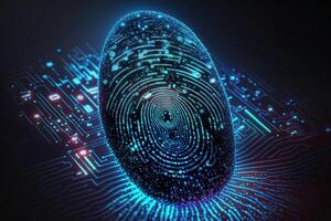 Photo of Holographic Fingerprint Security in the Digital Age, Protecting Big Data with AI Technology . Fingerprint integrated in a printed circuit, releasing binary codes.