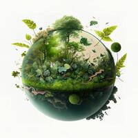 generativo ai un verde mini planeta tierra, ilustración de planeta tierra con un gigante árbol. energía ahorro, ecología y ambiente sostenible recursos conservación concepto. foto