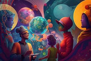 a multiverse of speech, a fantasy world where everyone can talk, with a lot of poetry, colorful, diverse avatars interacting with each other. photo