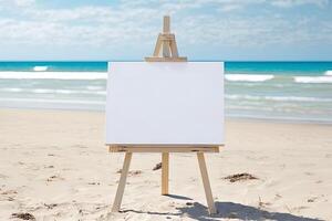 White blank artist frame on a small wooden easel on summer sea beach background with copy space. Advertising mockup artboard for pictures or artwork. Painting frame template banner. photo