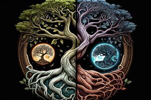 ying yang concepto de equilibrar yggdrasil árbol de vida nórdico mitología. equilibrar concepto. generativo ai foto