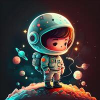 generativo ai adorable chico astronauta, en exterior espacio, en pie en un planeta, brillante vistoso asteroides y galaxias, luz de la luna brillante abajo, chibi estilo. emblema para espacio viajar, tecnología, monería foto