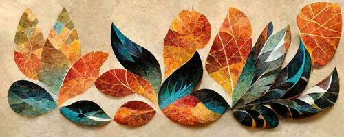 artístico vistoso mosaico modelo otoño hoja. collage contemporáneo impresión con de moda decorativo mosaico modelo con diferente colores. resumen floral orgánico fondo de pantalla antecedentes ilustración foto