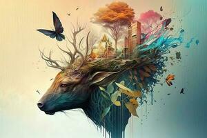 the mind lost deep in thought, thoughts of time and numbers, thoughts of a fantasy land with colorful plants and animals, surreal painting Generation AI photo