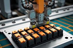 Interior of industry factory, Robot assembly line with electric car battery cells module on platform. photo