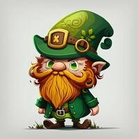 Leprechaun with ginger beard and green hat cartoon look funny. Saint Patrick's Day Celebration - Leprechaun Green Beer and Shamrocks, St. Patrick's Day concept. photo