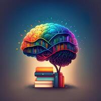 This whimsical image shows a brain with a library inside, its neurons and synapses lit up in a rainbow of joyful colors. A stack of books on a shelf indicates knowledge and learning, photo