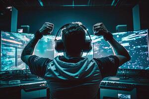 Professional eSports gamer rejoices in the victory in red blue illuminated game room. Gamer celebrating victory. Winning an eSports game. . Electronic sports player rejoices victory photo