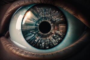 A photograph of a city from above inside the pupil of an eye realistic. Close-up Eye with a modern futuristic city inside it. Look for future. keep moving forward concept. photo