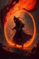 A samurai in a demonic red mask on the battlefield makes a swing with a katana creating a sizzling fire ring around, he is a mystical martial. illustration painting photo