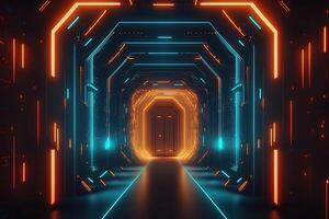 Abstract neon lights into digital technology tunnel. Futuristic technology abstract background with lines for network, big data, data center, server, internet, speed. technology photo