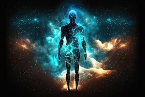 astral cuerpo silueta con resumen espacio antecedentes. esotérico, espiritual vida y meditación concepto. vida futura y conexión con otro mundos creado con generativo ai foto