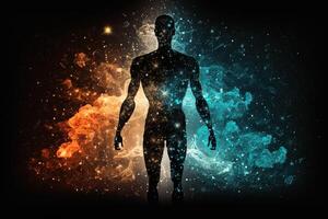 astral cuerpo silueta con resumen espacio antecedentes. esotérico, espiritual vida y meditación concepto. vida futura y conexión con otro mundos creado con generativo ai foto