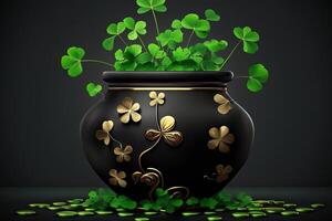 black pot full of gold coins and shamrock leaves. st. patrick's day abstract green background for design, banner, invitation. photo