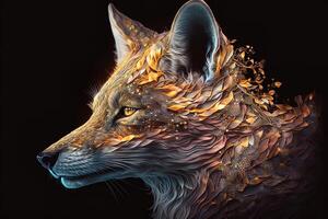 Fantasy Raster Image of Fox Face with Golden Spot, Animal face in the depths of galaxies and stars fox photo