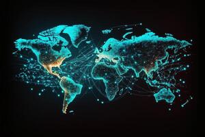 global mapa de el mundo, el tierra comunicación tecnologías con Internet efecto. futurista moderno generativo ai foto