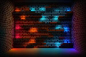 Modern futuristic blank brick wall background with neon lights. old grunge brick wall room background. Colorful copy space concept. photo