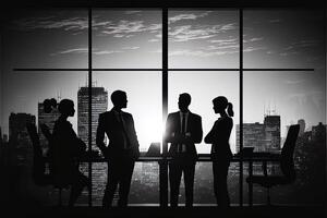 Silhouette of business people working together in office. Concept of teamwork and partnership. . Double exposure and network effects photo