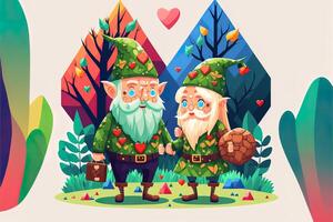 forest elf smiling old age couples hybrid valentines day heart, holding heart with warm light, spring background, joyful elderly. Valentine's day concept. Love cardboard. photo