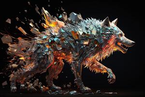 fusion of metal wolf exploding through fire surrounded by scattered glass shards and debris, cosmic energy photo