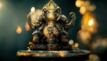 focus on statue of Lord Ganesha, Ganesha Festival. Hindu religion and Indian celebration of Diwali festival concept on dark, red, yellow background and bokeh around photo