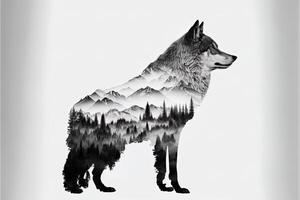 doble exposición generativo ai de un lobo y selva en blanco antecedentes. cámping concepto. Clásico oso pardo para camiseta diseño, pegatina, póster, y fondo de pantalla. foto