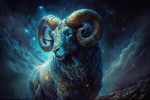 Backdrop of sacred zodiac Aries symbols, astrology, alchemy, magic, sorcery and fortune telling. digital painting. Zodiac sign Aries on the starry sky close up photo