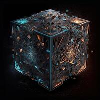 tesseract with fractal design in order and chaos. Abstract multiverse world with cubic . Creative surreal earth environment by puzzle artwork construction photo