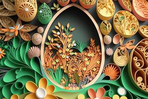 paper cut quilling multi dimensional easter egg in easter celebration, a lot of egg and small rabbit in background. Spring concept. photo
