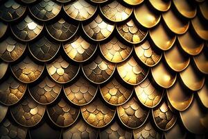 Dragon scales background - gold shining shells . Simple background made of dragon scale armor illustration . photo