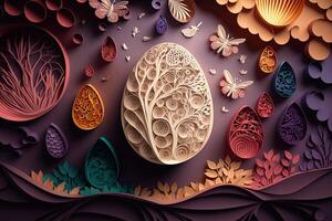 paper cut quilling multi dimensional easter egg in easter celebration, a lot of egg and small rabbit in background. Spring concept. photo