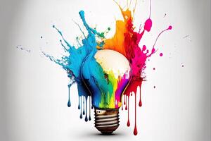 illustration of colorful bulb with splash of colors on white background. Creativity, eureka, imagination, inspiration. . Idea and solution concept photo