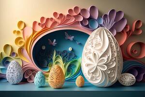 paper cut quilling multi dimensional easter egg in easter celebration, a lot of egg and small rabbit in background. Spring concept. photo