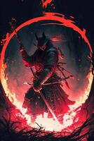 A samurai in a demonic red mask on the battlefield makes a swing with a katana creating a sizzling fire ring around, he is a mystical martial. illustration painting photo
