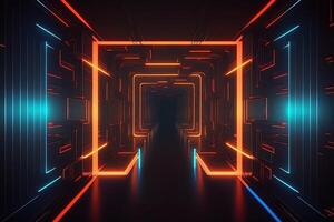 Abstract neon lights into digital technology tunnel. Futuristic technology abstract background with lines for network, big data, data center, server, internet, speed. technology photo