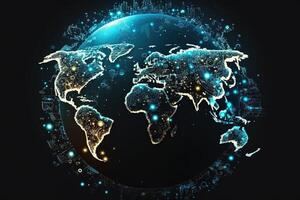 global mapa de el mundo, el tierra comunicación tecnologías con Internet efecto. futurista moderno generativo ai foto
