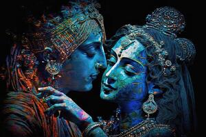 radha Krishna en amor medio Disparo fotografía retrato de cósmico galáctico generativo ai. símbolo de divino amor. Arte impresión para hogar decoración hindú Pareja en resumen decorativo antecedentes foto