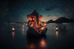 There are many galactic stars in the night sky of a huge massive GANESHA statue, with red lanterns rising in the sky, crowds watching the lantern festival. Ganesha Festival. photo