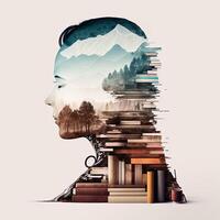 a bookshelf full of books, double exposure young woman blended image, front profile on white background. Creative ideas, knowledge and skills of person in social network. photo