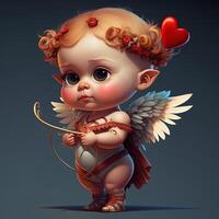 generativo ai adorable bebé Cupido hermosa retrato, lleno cuerpo mano participación un arco y flecha, dibujos animados estilo personaje. amor y enamorado concepto. foto