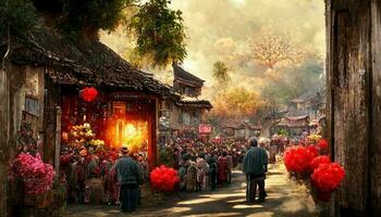 Ancient Chinese village, Chinese New Year, peach flower blossom, multi firework in the sky, bustling market, withered trees. Happy new year concept. Generate AI photo