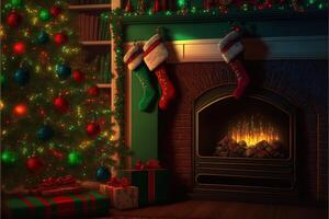 Beautiful holiday decorated room with Christmas tree, fireplace and with presents. Cozy winter scene. Warm color decor interior. Fireplace with christmas stockings, photo