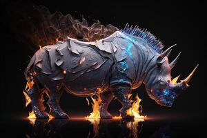 fusion of metal Rhino exploding through fire surrounded by scattered glass shards and debris, cosmic energy photo