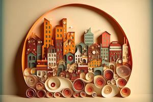 paper quilling style urban design. Multidimensional paper quilling craft illustration a small city. photo