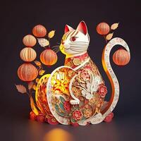 Paper cut quilling multidimensional chinese style cute zodiac cat with lanterns, blossom peach flower in background, chinese new year. Lunar new year 2023 concept. photo